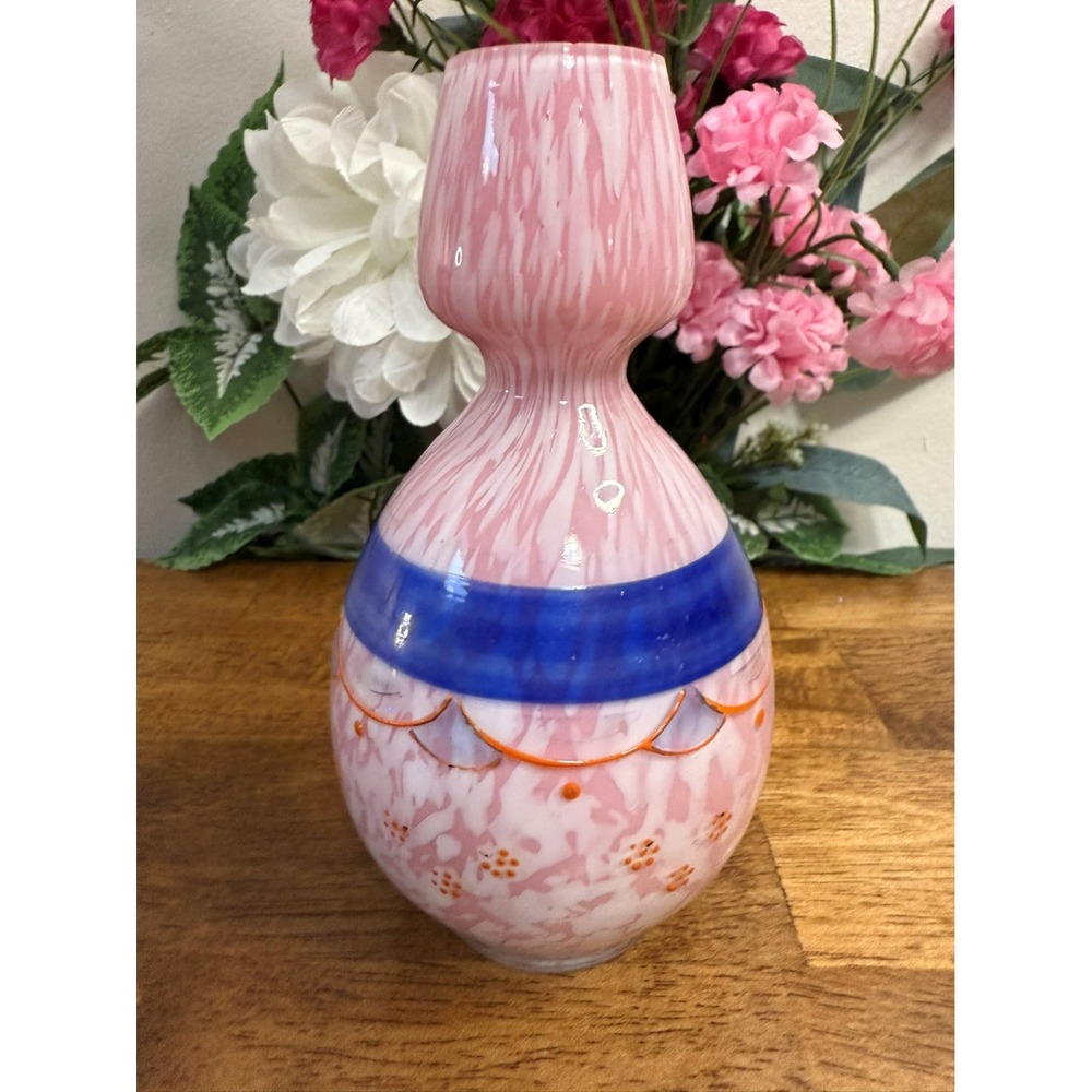 Vintage Hand Painted Art Glass Vase – Pink Spatter with Blue Band‎